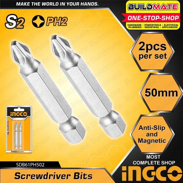 BUILDMATE Ingco 2PCS/SET Screwdriver Bits 50mm | 65mm Double Ended Phillips Screw Bit Magnetic Two-Sided Cross Slot Double Ended Driver Bit for Power Screwdriver Impact Drill SDB61PH502 | SDB61PH652 • HT2