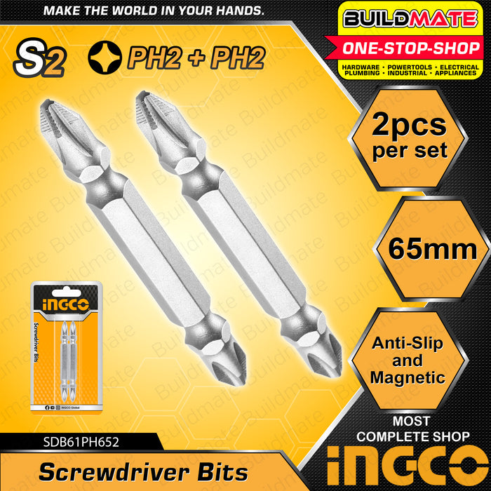 BUILDMATE Ingco 2PCS/SET Screwdriver Bits 50mm | 65mm Double Ended Phillips Screw Bit Magnetic Two-Sided Cross Slot Double Ended Driver Bit for Power Screwdriver Impact Drill SDB61PH502 | SDB61PH652 • HT2