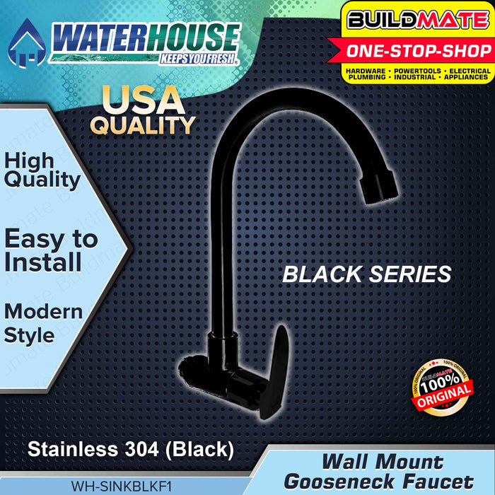 BUILDMATE Waterhouse Wall Mount Gooseneck Faucet Design F1 Stainless 304 Matte Black Mounted Sink Tap Single Hole Bar Sink Faucet Faucets for Bathroom & Outdoor WH-WALLBLK-F1 •