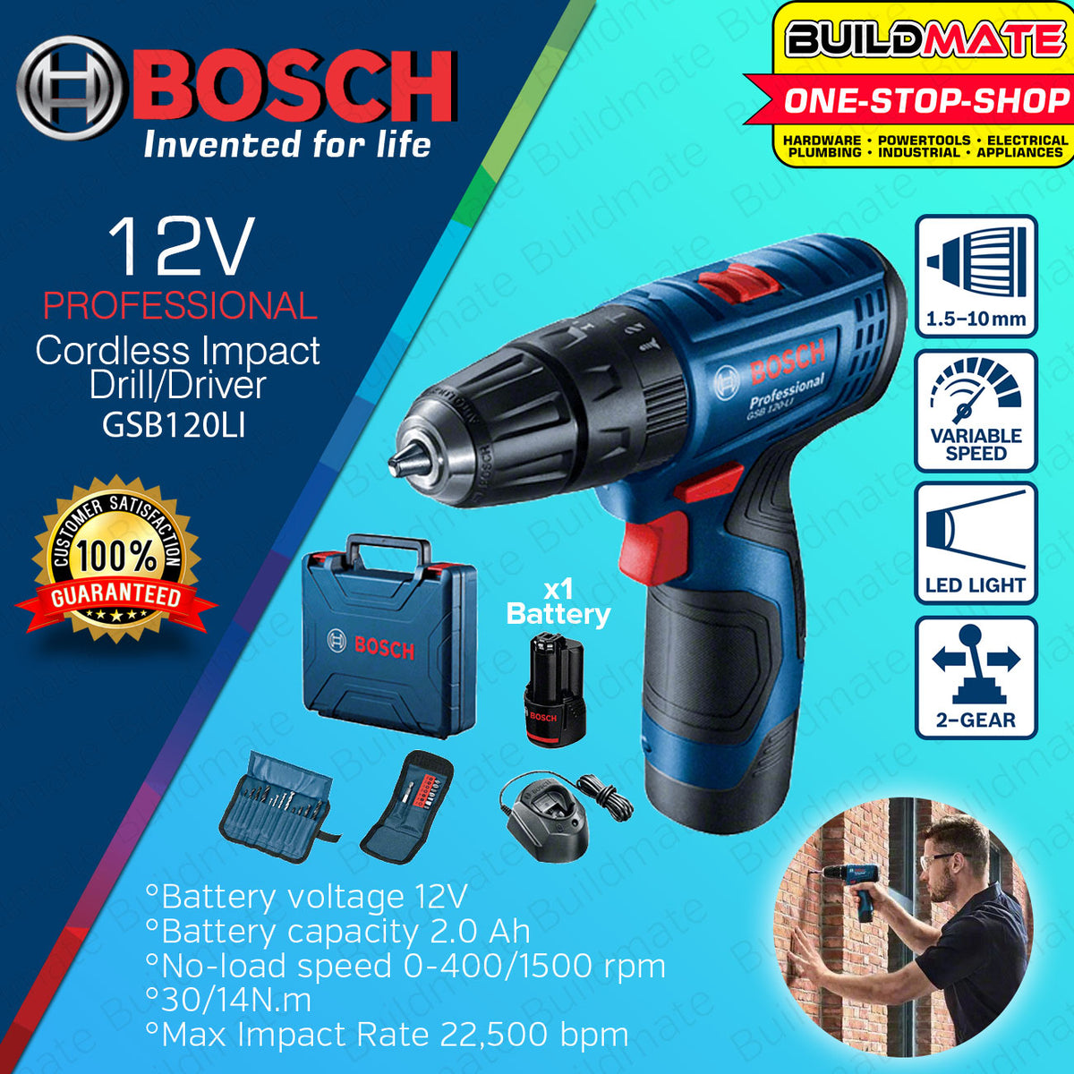 BOSCH Cordless Drill Driver Set 12V With Battery, Charger