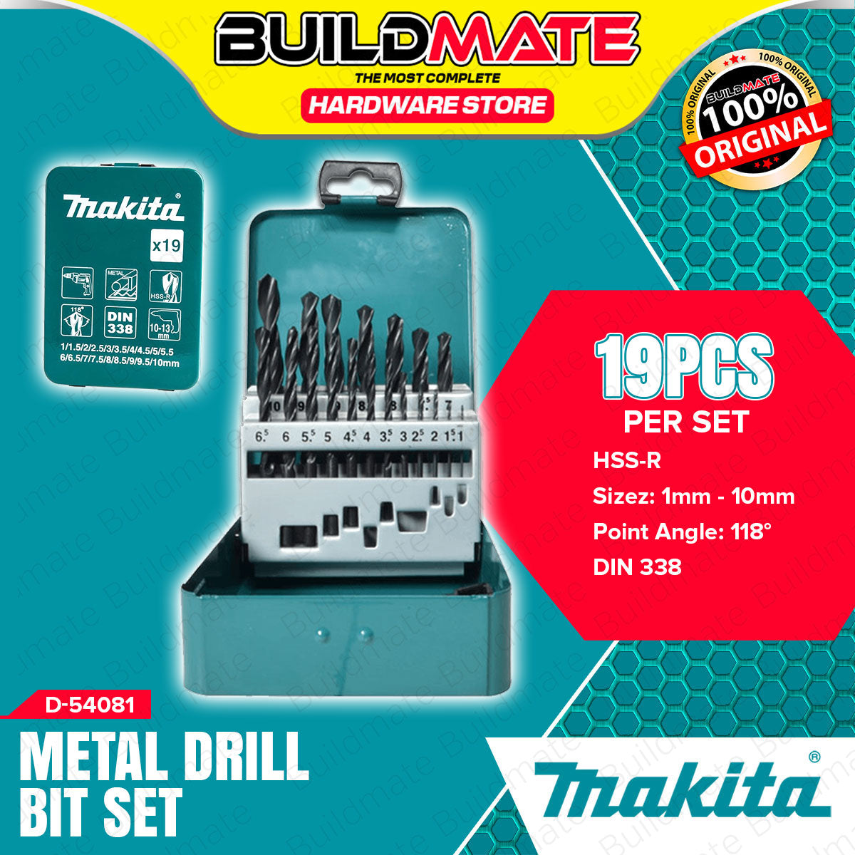 BUILDMATE Makita 19pcs HSS R Metal Drill Bit Set 1mm 10mm Metalworking Buildmate