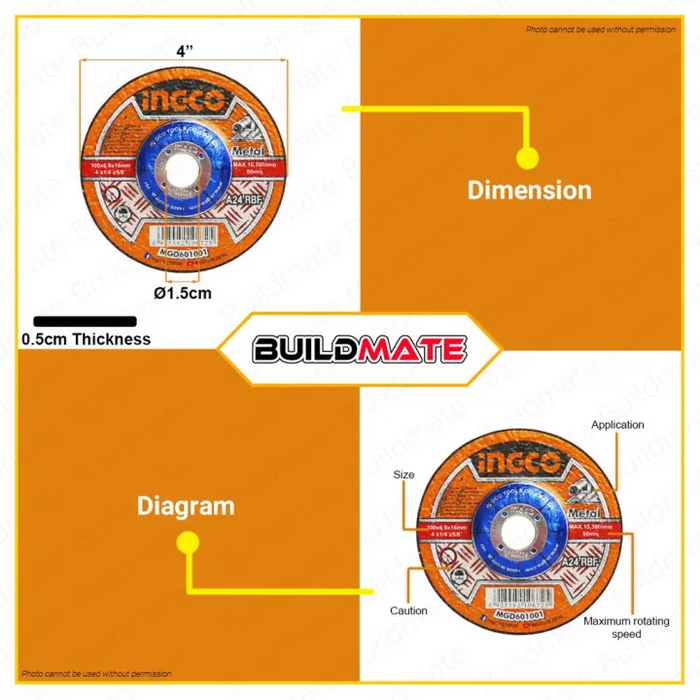BUILDMATE Ingco Grinding Disc 100x6x16mm Abrasive Cutting Wheel Disc for Metal SOLD PER PIECE MGD601001  - IHT
