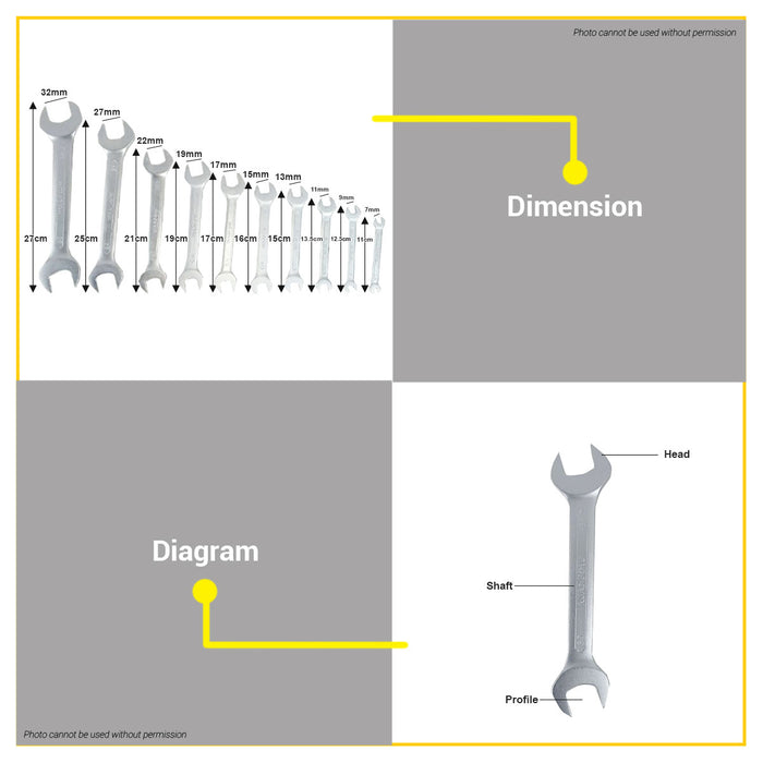BUILDMATE Wadfow 10pcs Double Open End Spanner Set 6-32mm Chrome Plated Double Ended Combination Wrench Automotive Tool Kit WDS2M10 - WHT
