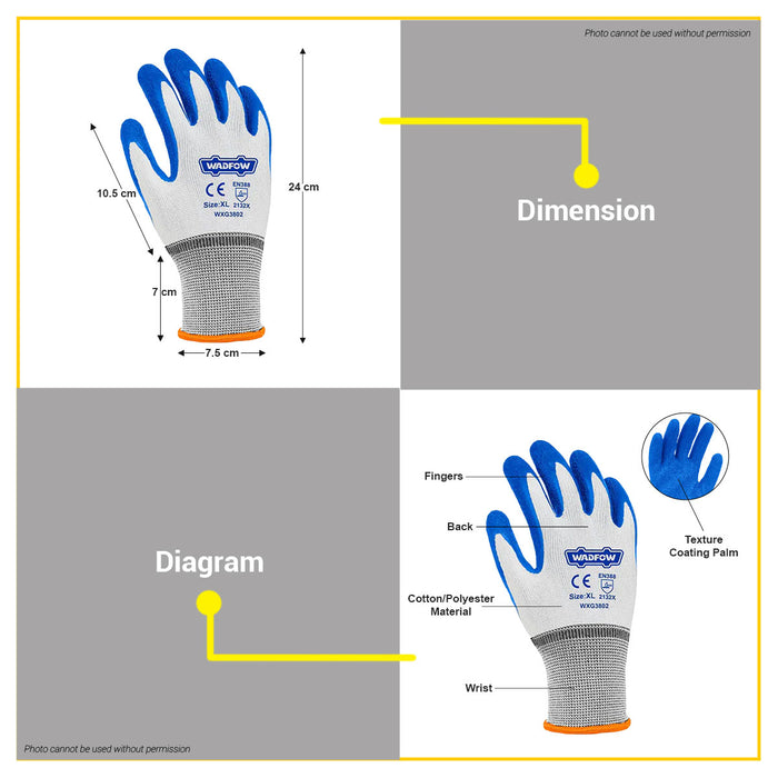 BUILDMATE Wadfow Latex Gloves XL (Extra Large) Cotton/ Polyester Protective Work Safety Hand Protection Glove WXG3802 - WHT
