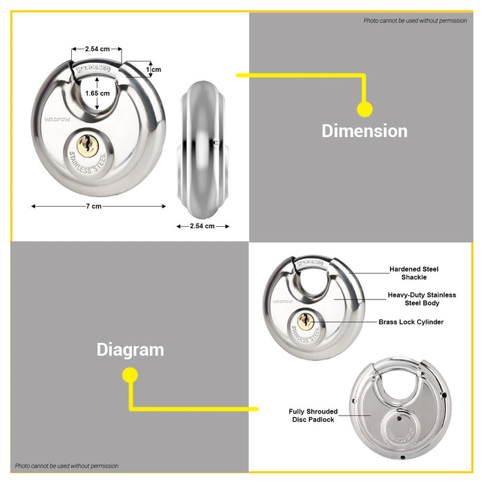 BUILDMATE Wadfow Stainless Steel Disc Padlock 70mm with 3pcs Keys Anti-Theft Keyed Security  Round Steel Pad Lock WPDD470 - WHT