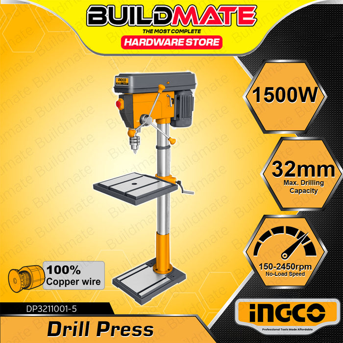 BUILDMATE Ingco 1500W Drill Press 32mm Max. Drilling Capacity Stand Table Drilling Machine Adjustable Working Table - IPT