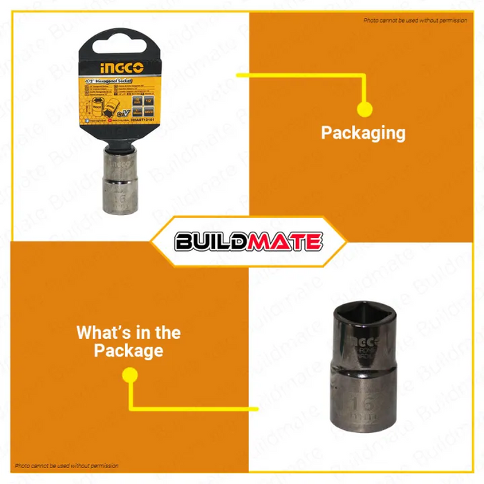 INGCO Original 1/2 inch Hexagonal Socket CR-V Black Nickel Plated •BUILDMATE• IHT