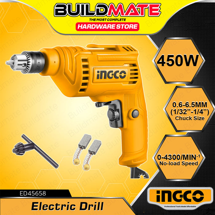 BUILDMATE Ingco 450W Electric Drill 6.5MM with Variable Speed Control Rotary Drilling Power Tools ED45658 - IPT