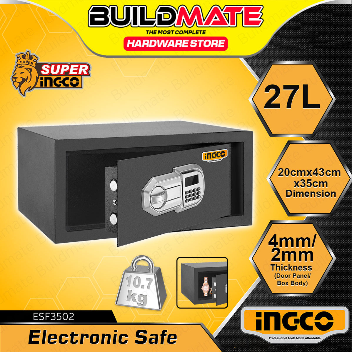 BUILDMATE Ingco Electronic Safe Box 27L Wall Mounted Personal Digital ...