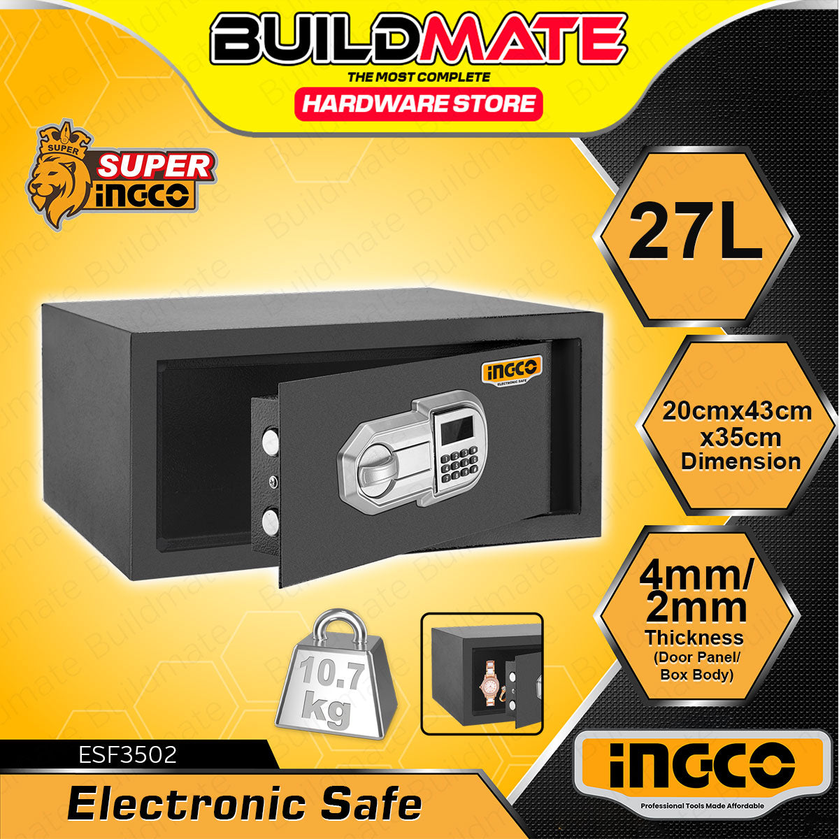 BUILDMATE Ingco Electronic Safe Box 27L Wall Mounted Personal Digital ...