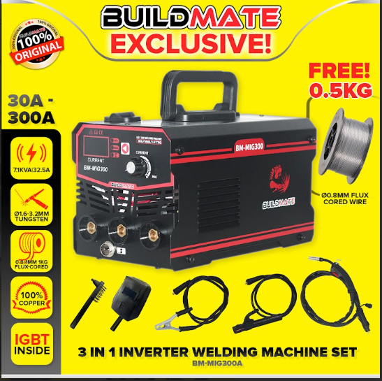 [SET] BUILDMATE Brand 3in1 Gasless MIG / LIFT TIG / MMA with FREE Flux Cored Portable Arc Inverter Welding Machine 300A + TIG Torch Welding Cable BM-MIG300A / BM-TT001