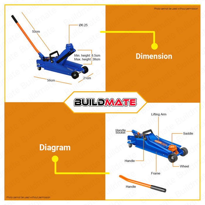 WADFOW 2.5 TONS Hydraulic Floor Jack 13.6KG Auto Repair Fast Lift Jack Trolley WHJ2525 BUILDMATE WHT