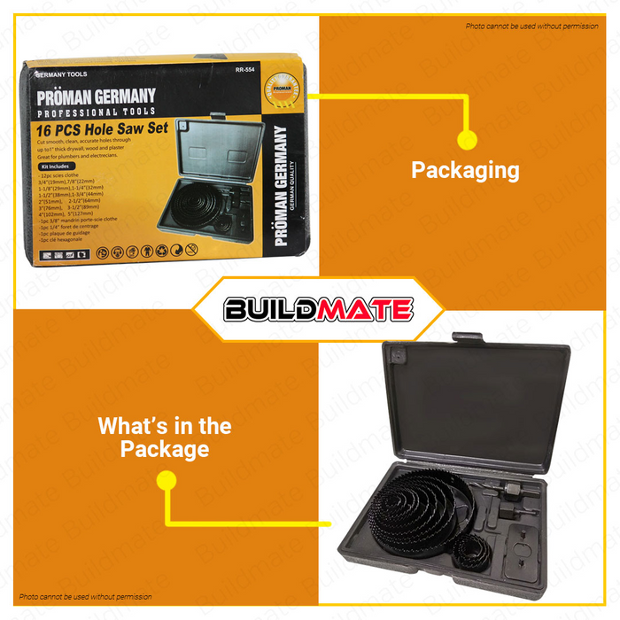 PROMAN GERMANY Hole Saw Holesaw 16PCS/SET RR-554 •BUILDMATE•