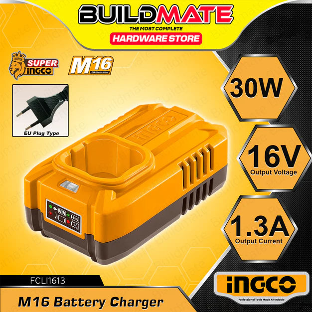 BUILDMATE Ingco 16V Rechargeable Lithium-Ion Battery Pack / 1.3A M16 Battery Charger Cordless Power Tool Accessories SOLD PER PIECE FBLI1620 (Battery)  / FCLI1613 (Charger) - ICPT