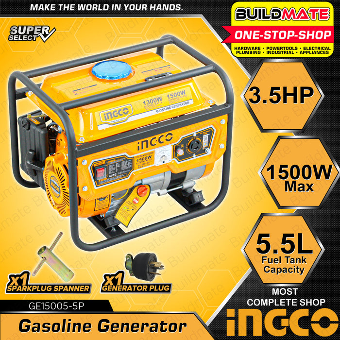 BUILDMATE Ingco Gasoline Generator AU Aluminum Coil Alternator | CO Copper Coil Alternator 5.5L 1.5 KW 4 Stroke Air-cooled Open Recoil Copper Wire Alternator GE15005-5P | GE15006-5P • IPT