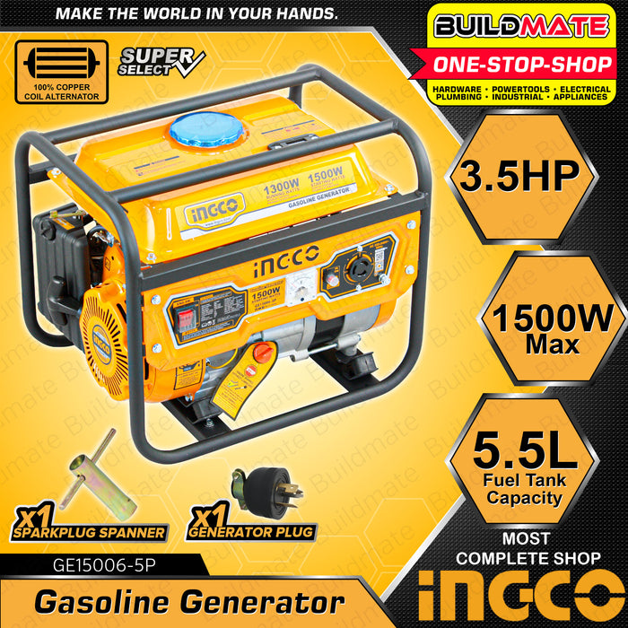 BUILDMATE Ingco Gasoline Generator AU Aluminum Coil Alternator | CO Copper Coil Alternator 5.5L 1.5 KW 4 Stroke Air-cooled Open Recoil Copper Wire Alternator GE15005-5P | GE15006-5P • IPT
