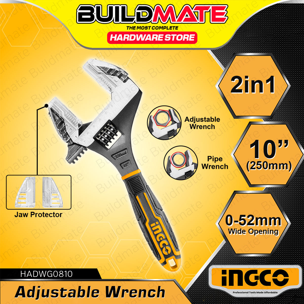 BUILDMATE Ingco 2in1 Adjustable Wrench & Pipe Wrench 250mm Multi-Funct ...