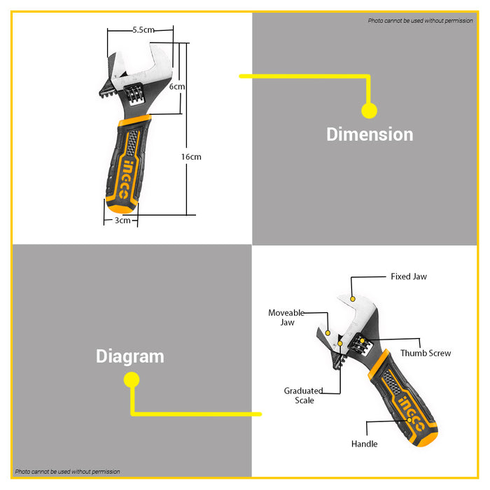 BUILDMATE Ingco 2in1 6" Inch 156mm Stubby Adjustable Wrench and Pipe Function Hand Tool HADWS088 IHT