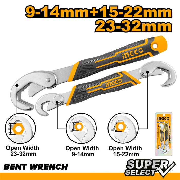 BUILDMATE Ingco 2PCS/SET Bent Wrench Single / Double Open End Wrench Spanner Repairing Hand Tool Set SOLD PER SET HBWS110808 / HBWS09328 - IHT