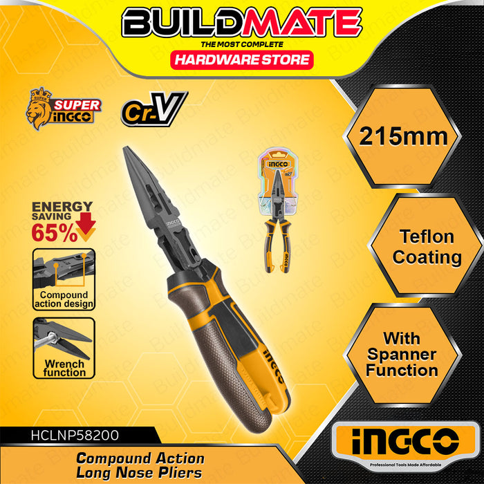 BUILDMATE Ingco Compound Action Long Nose Pliers 8.5" (215mm) Multi-functional Heavy Duty Angled Needle Snipe Pointed Nose Plier HCLNP58200 - IHT