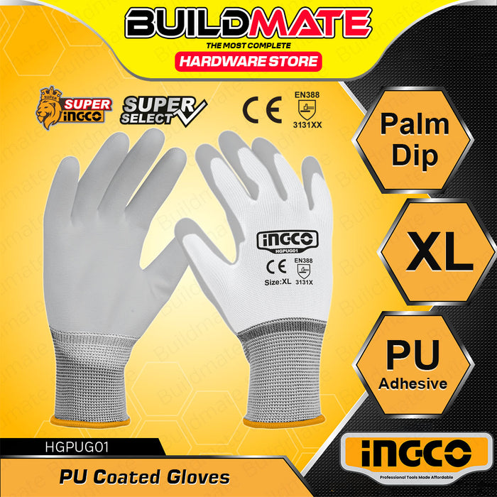 BUILDMATE Ingco PU Coated Gloves XL Safety Work Gloves Protective Gloves Durable Gloves Washable Comfort Grip Gloves Coating Gloves Plumbing Gloves Garden Gloves Cotton Gloves for Hand Protection HGPUG02 • HT2
