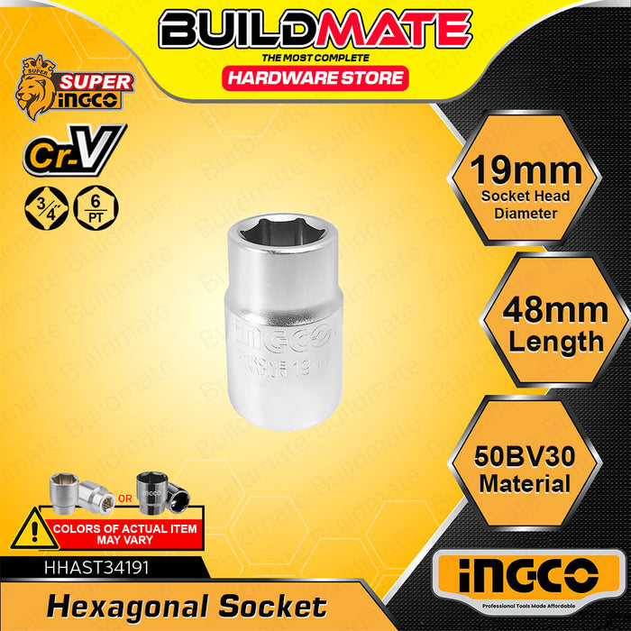 BUILDMATE Ingco 3/4-inch hexagonal socket 19mm–55mm chrome-plated hex head for nut removal, ratchet wrench and auto repair tools