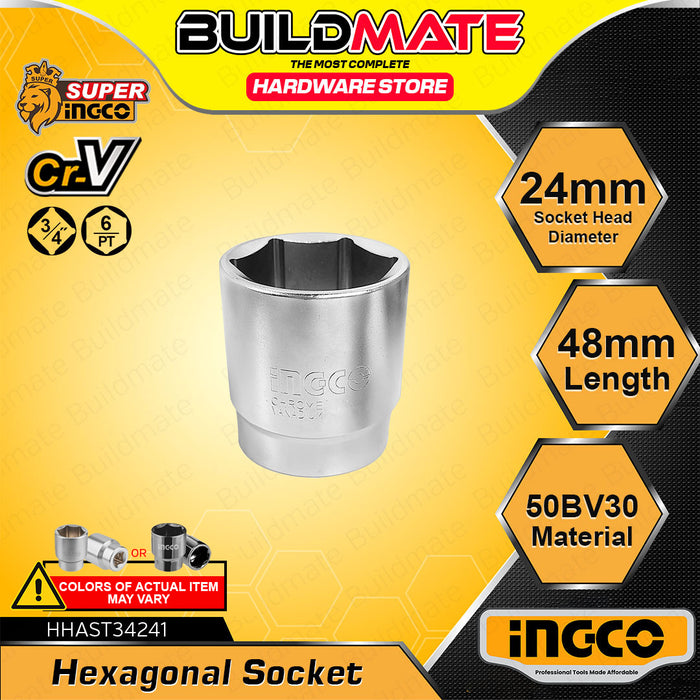 BUILDMATE Ingco 3/4-inch hexagonal socket 19mm–55mm chrome-plated hex head for nut removal, ratchet wrench and auto repair tools