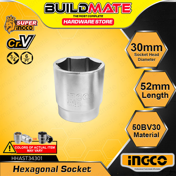 BUILDMATE Ingco 3/4-inch hexagonal socket 19mm–55mm chrome-plated hex head for nut removal, ratchet wrench and auto repair tools