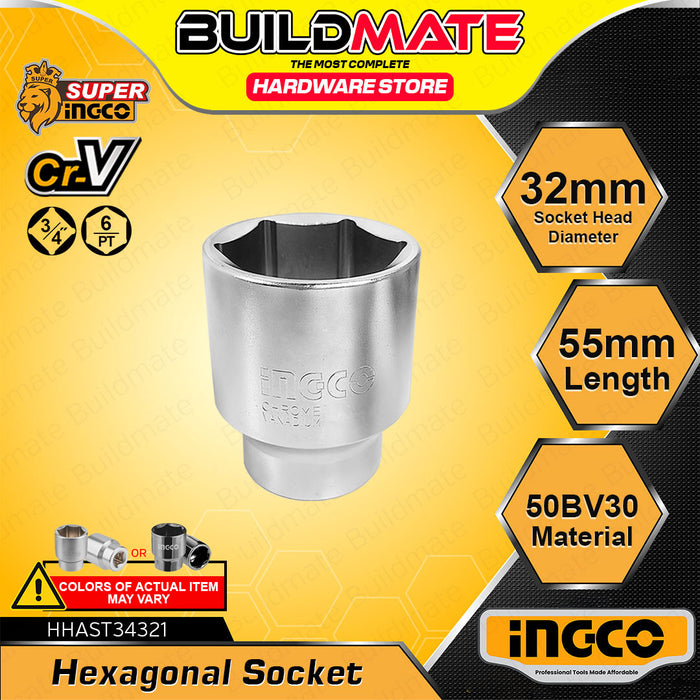 BUILDMATE Ingco 3/4-inch hexagonal socket 19mm–55mm chrome-plated hex head for nut removal, ratchet wrench and auto repair tools
