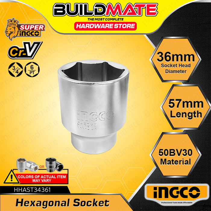 BUILDMATE Ingco 3/4-inch hexagonal socket 19mm–55mm chrome-plated hex head for nut removal, ratchet wrench and auto repair tools