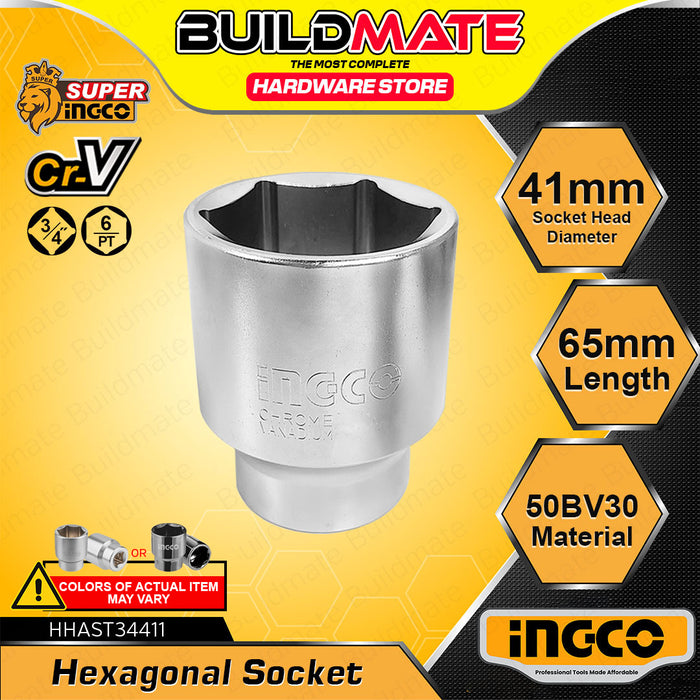 BUILDMATE Ingco 3/4-inch hexagonal socket 19mm–55mm chrome-plated hex head for nut removal, ratchet wrench and auto repair tools