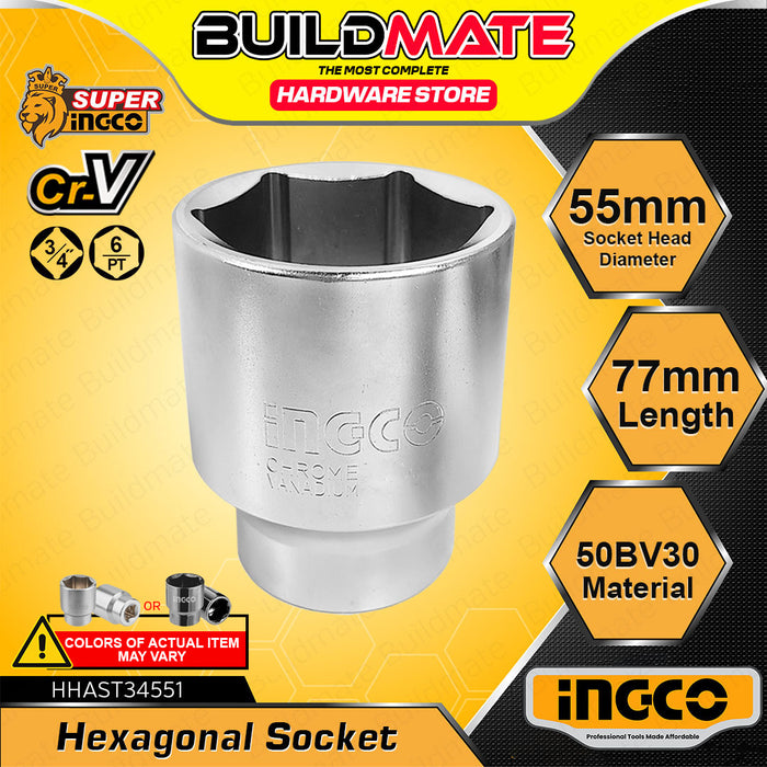 BUILDMATE Ingco 3/4-inch hexagonal socket 19mm–55mm chrome-plated hex head for nut removal, ratchet wrench and auto repair tools