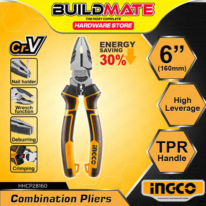 BUILDMATE Ingco Standard / High Leverage Combination Pliers 6" (160mm) Cr-V Steel Heavy Duty Cutting and Gripping Plier - IHT