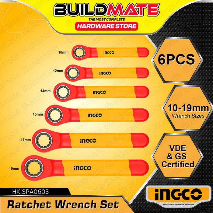 BUILDMATE Ingco 6pcs Insulated Ratchet Wrench Set Electrician VDE Ratcheting Wrenches Electrical Repair Hand Tool Kit HKISPA0603 - IHT