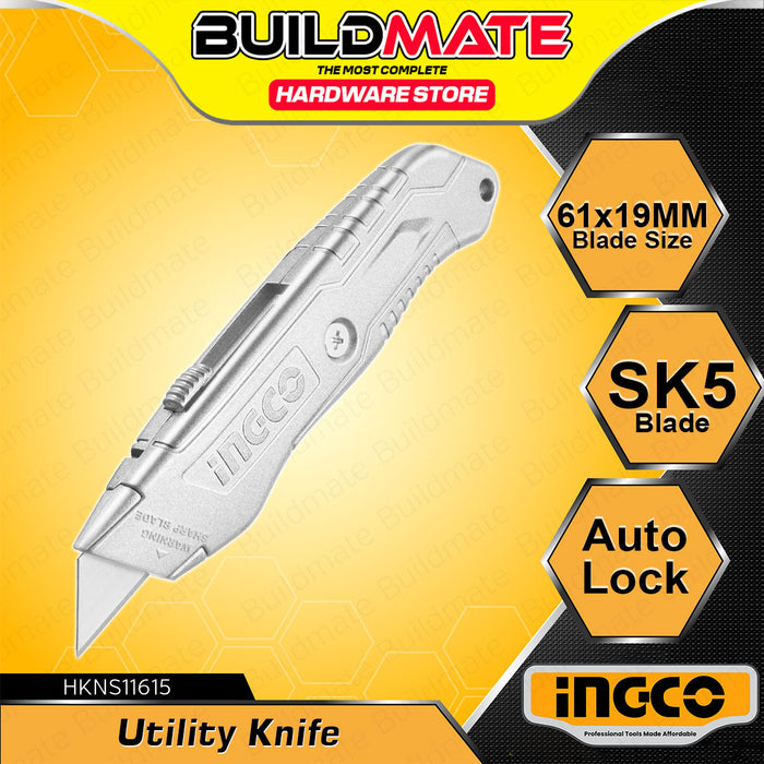 BUILDMATE Ingco Aluminium Alloy Body Auto-Lock Utility Knife With 1pc SK5 Blade HKNS11615 - IHT