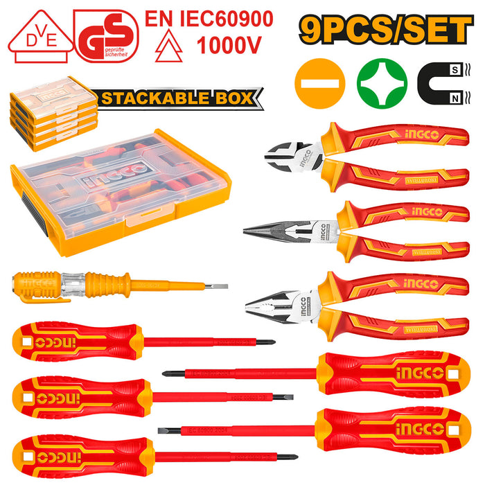 BUILDMATE Ingco 5PCS / 9 PCS Insulated Hand Tools Set Plier, Screwdriver and Test Pencil Repair Tool Kit SOLD PER SET HKTV01P051 / HKTV01H091 - IHT