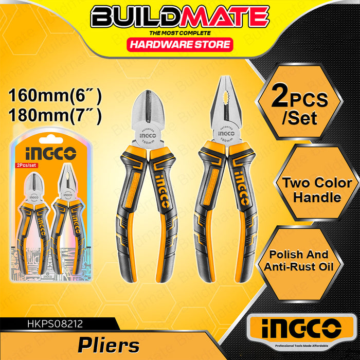 BUILDMATE Ingco 2PCS Pliers Set 6" Inch Diagonal Cutting Pliers / 7" Combination Pliers HKPS08212 - IHT 