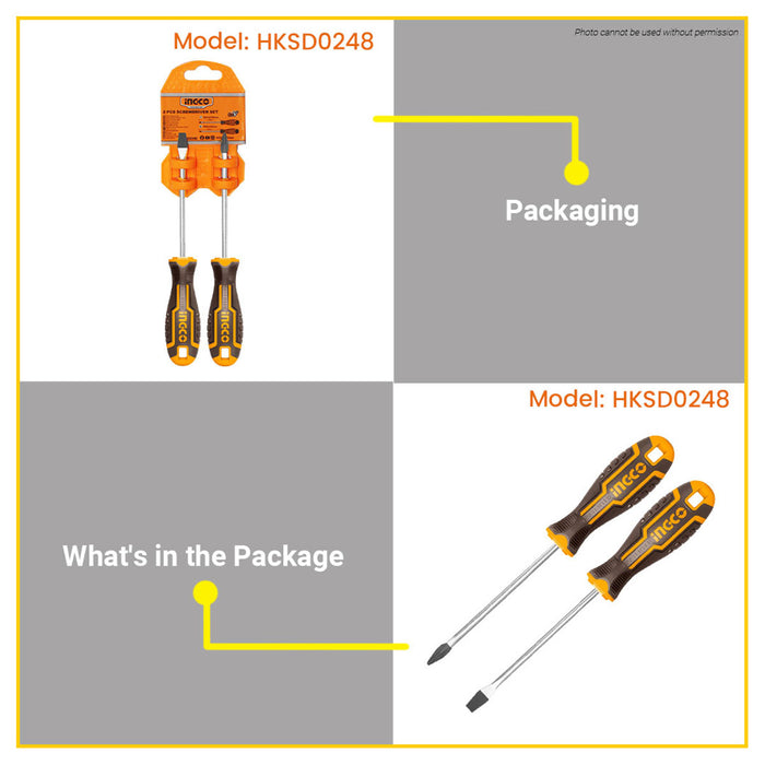 BUILDMATE Ingco 2pcs Screwdriver Set Cr-V Slotted Flat / Phillips Cross Head Screw Driver Household Tool Repair Kit  HKSD0248 - IHT