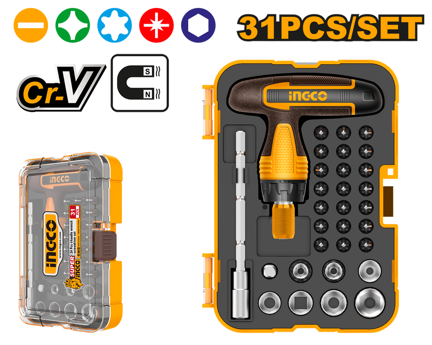 INGCO 31pcs T-Handle Wrench Screwdriver Set For Efficient Fastening & Repair Tasks HKSDB0318 IHT - BUILDMATE