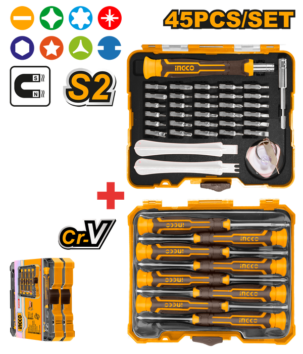 INGCO 45pcs Precision Screwdriver and Bits for Electronics 7 Repairs HKSDB0458 IHT - BUILDMATE