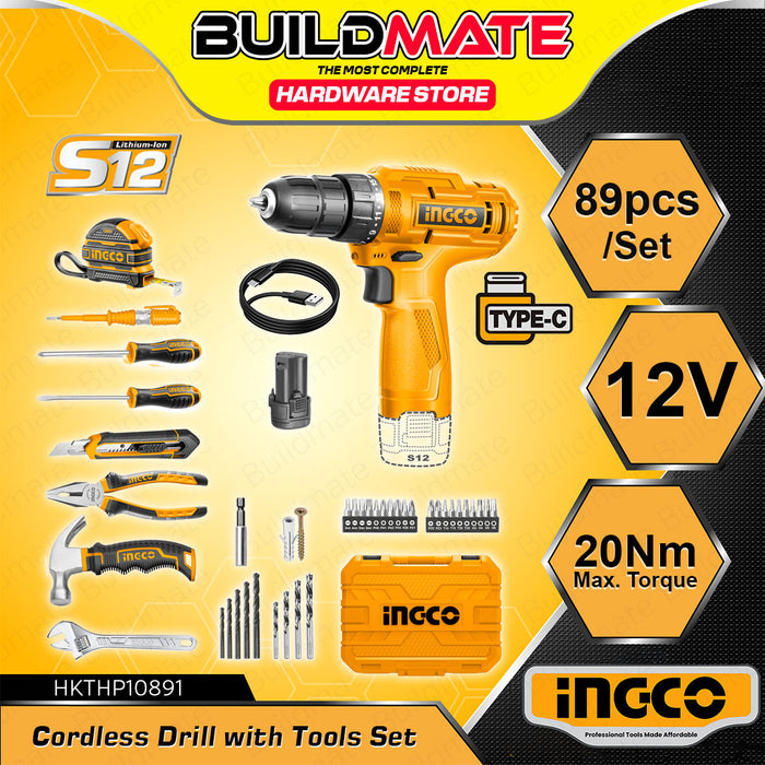 BUILDMATE Ingco Household Tools Set 81pcs / 89pcs Cordless Drill with Hand Tool Kit Combo Mechanic Home Repair Tool Set - ICPT
