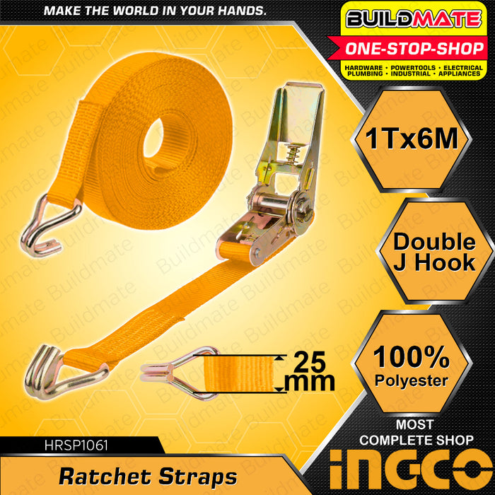 BUILDMATE Ingco Ratchet Straps 6M | 10M [SOLD PER PIECE] Tie Down Straps Belt Motorcycle Straps Cargo Straps for Trucks Safety Lock with Ratchet & Double J Hooks • IHT