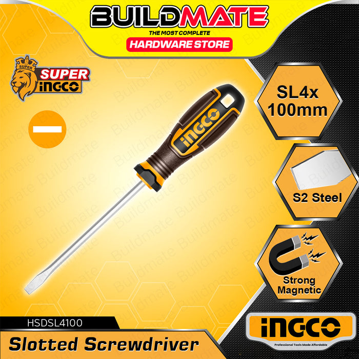 BUILDMATE Ingco Slotted Flat Screwdriver SL4x100mm S2 Magnetic Flathead Round Shank Screw Driver Repair Hand Tools SOLD PER PIECE - IHT