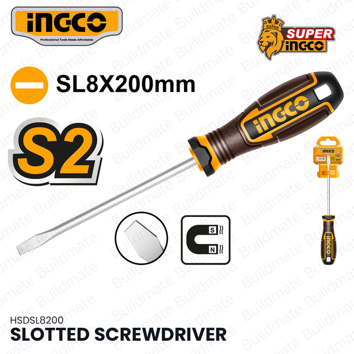 BUILDMATE Ingco SL8x200mm Cr-V / S2 Steel Magnetic Slotted Flat Screwdriver Flathead Tip Round Shank Screw Driver Repair Hand Tools SOLD PER PIECE - IHT