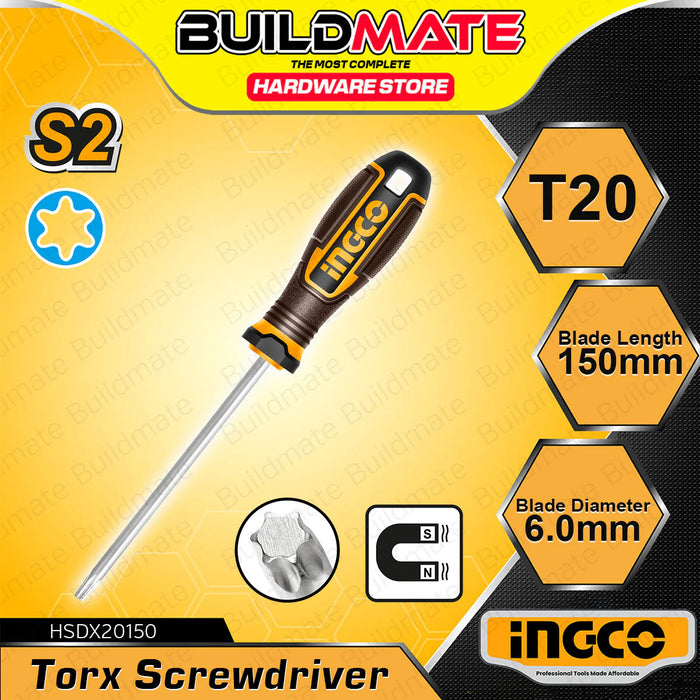BUILDMATE Ingco Torx Screwdriver T20x150mm Cr-V Star Screwdrivers Hand Tools SOLD PER PIECE  HS28T20150 / HSDST20150 - IHT