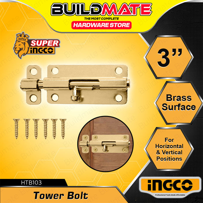BUILDMATE Ingco Steel Tower Bolt 1.5" - 4" Brass Surface Barrel Latch Lock for Horizontal and Vertical Positions - IHT