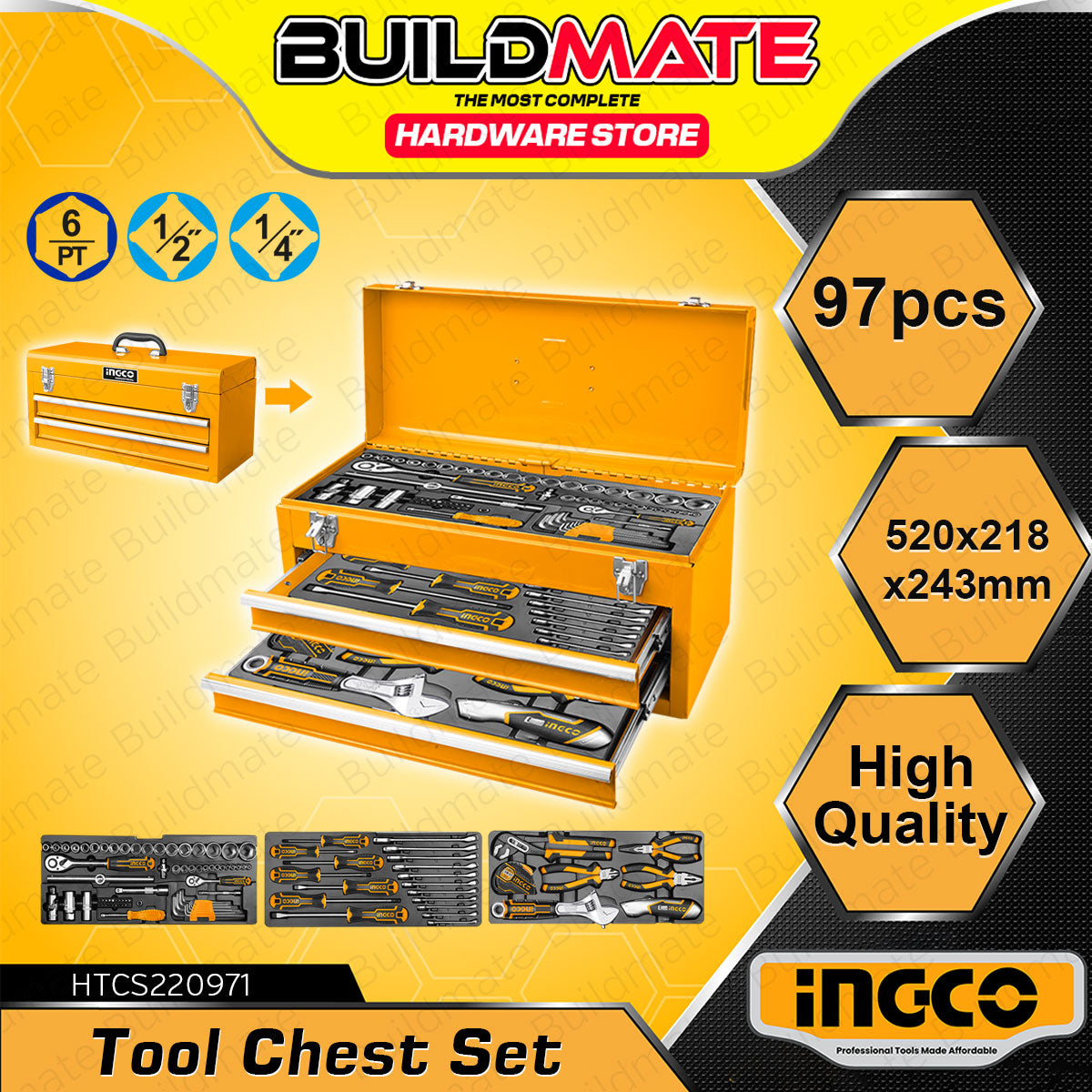 BUILDMATE Ingco 97pcs / 132pcs Tool Chest Set Mechanic Garage Workshop ...