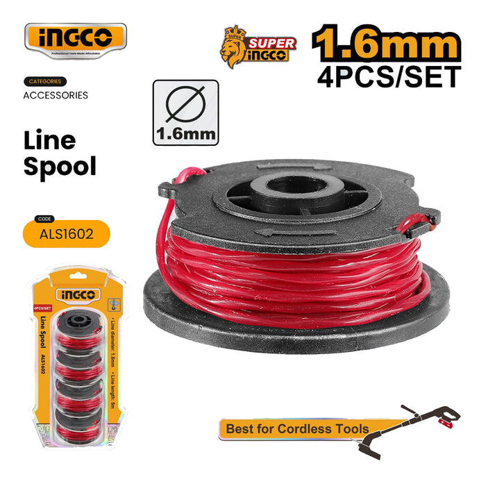 INGCO 4pcs 1.6mm x 5m Grass Trimmer Line Spool Replacement Twist String Line For Lithium Cordless Weed Eater ALS1602 - IHT | BUILDMATE