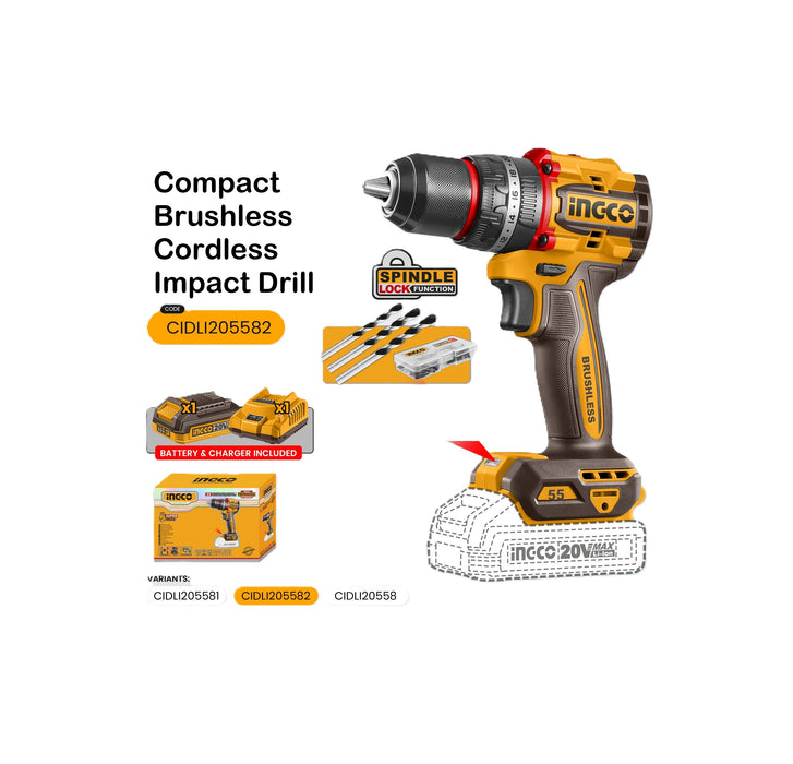 BUILDMATE Ingco 55Nm 20V Compact Brushless Cordless Impact Drill with Accessories 2-Speed Metal Chuck Rechargeable Screwdriver Hammer Drill Power Tool - ICPT