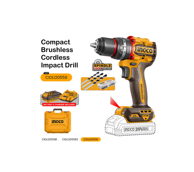 BUILDMATE Ingco 55Nm 20V Compact Brushless Cordless Impact Drill with Accessories 2-Speed Metal Chuck Rechargeable Screwdriver Hammer Drill Power Tool - ICPT